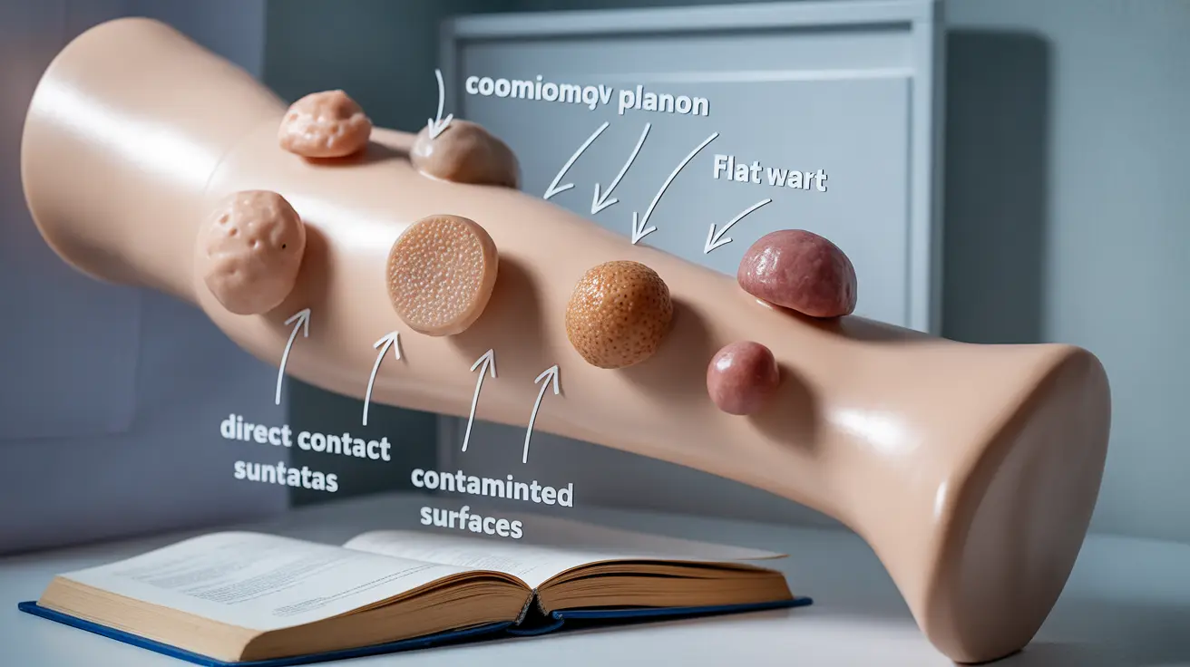 Detailed illustration in a clinical setting showing various types of warts on human skin, with arrows indicating transmission methods like direct contact and surfaces.