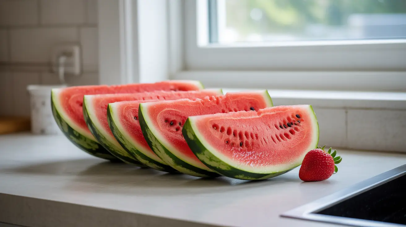 Close-up shot of vibrant watermelon slices on a bright kitchen counter, showcasing the fruit's rich color and texture in soft natural light.