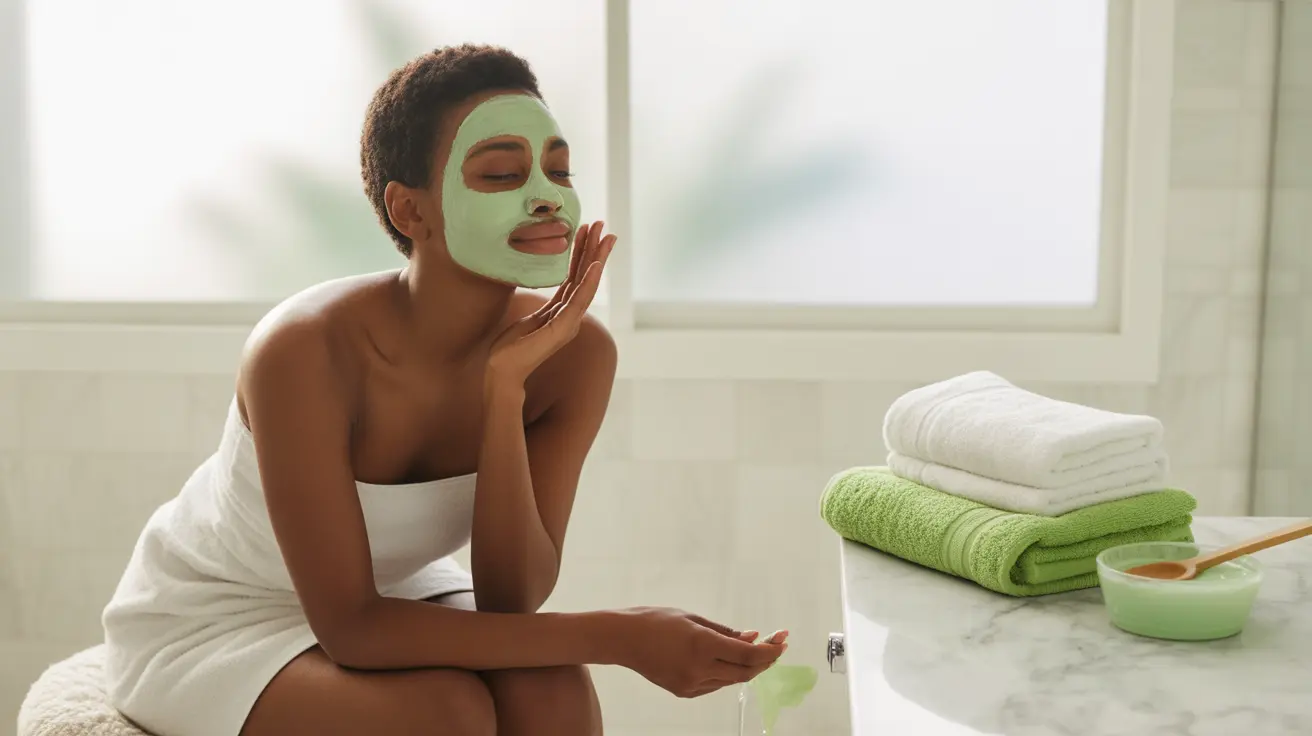 Diverse person's face with a clay mask in a clean bathroom, green and white towel accents