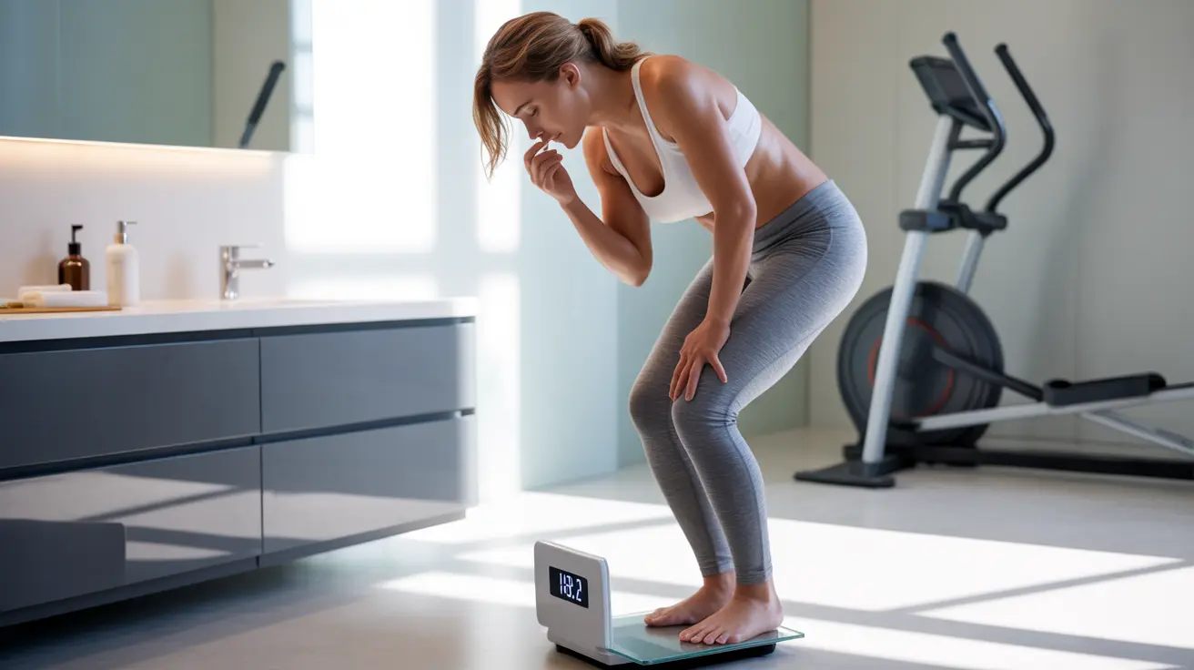 Person stepping on a digital scale post-workout in home gym, contemplative