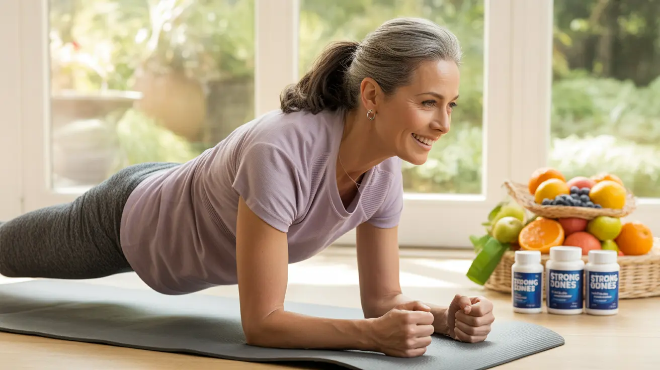 Medium shot of a middle-aged woman performing weight-bearing exercises in a bright home fitness space with colorful fruits and vegetables alongside calcium supplement bottles
