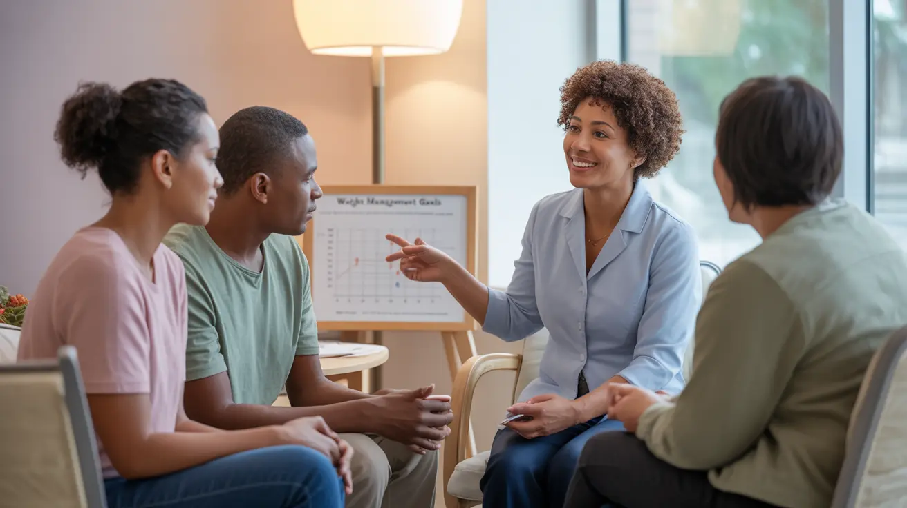 Diverse group consulting with healthcare professional in a bright clinical setting discussing weight management strategies