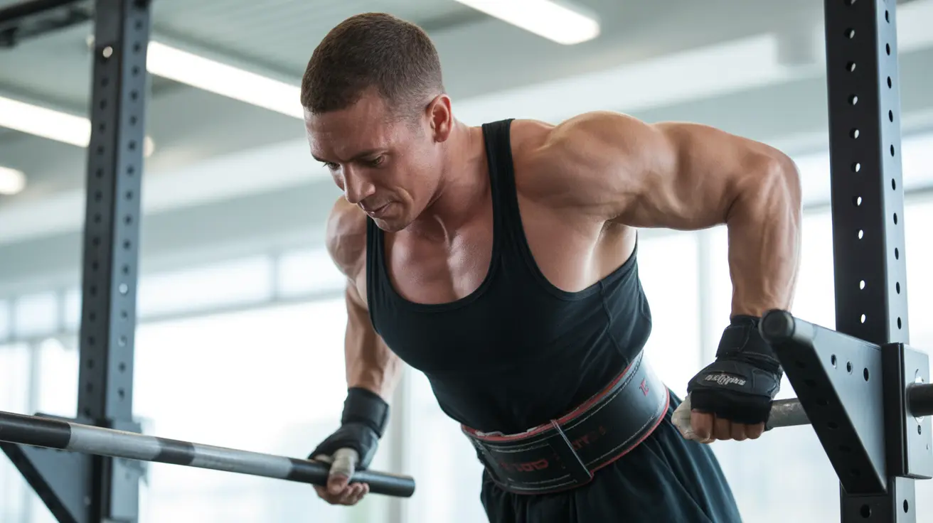 Person performing a weighted dip with dip belt and weight plates in a gym, emphasizing muscle engagement and technique.