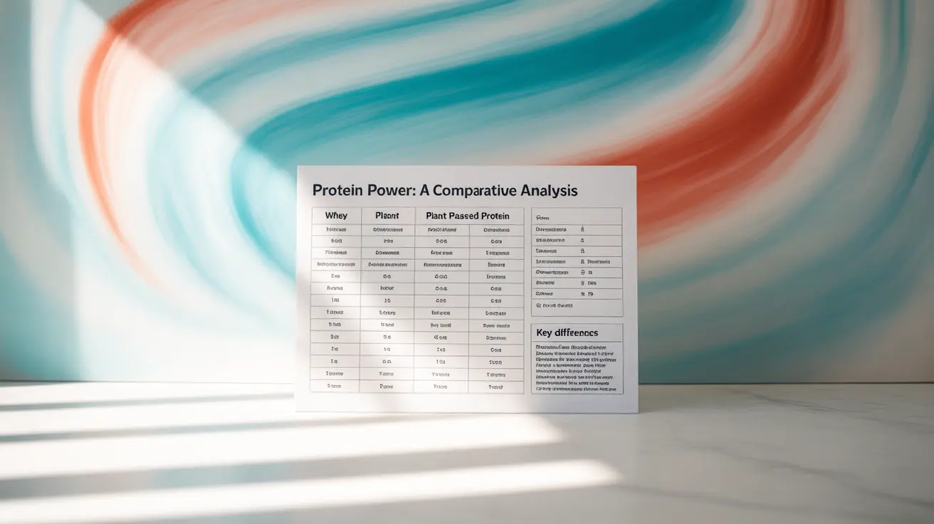 Detailed illustration, comparison chart showing nutritional profiles, muscle recovery potential, and environmental impacts of whey and plant protein, bright abstract background, informative and clean design with clear diagrams and labels.