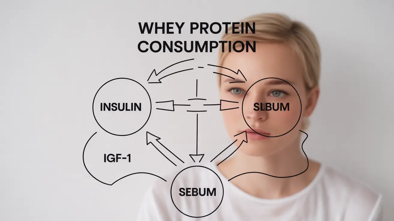 Detailed illustration showing hormonal pathways affected by whey protein, with arrows indicating increased sebum production leading to acne formation.