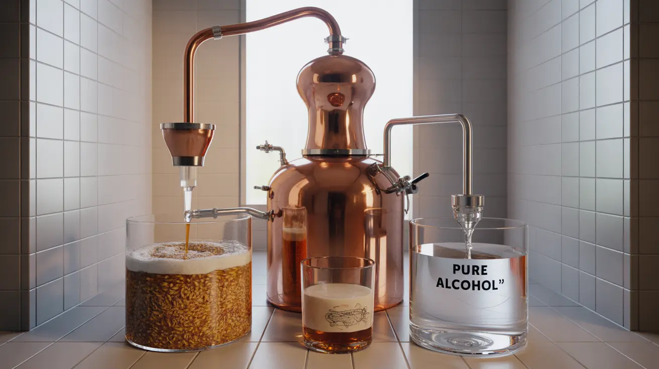 Detailed illustration of the whiskey distillation process with grains like barley, rye, and corn, showing the separation of alcohol vapor from gluten in a bright setting.
