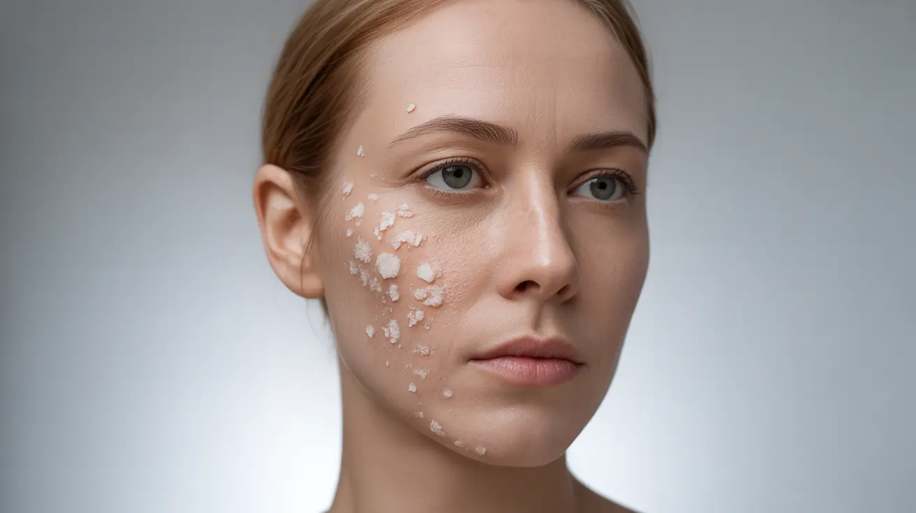 Detailed illustration of a face with white sun spots against natural skin tone under bright clinical lighting