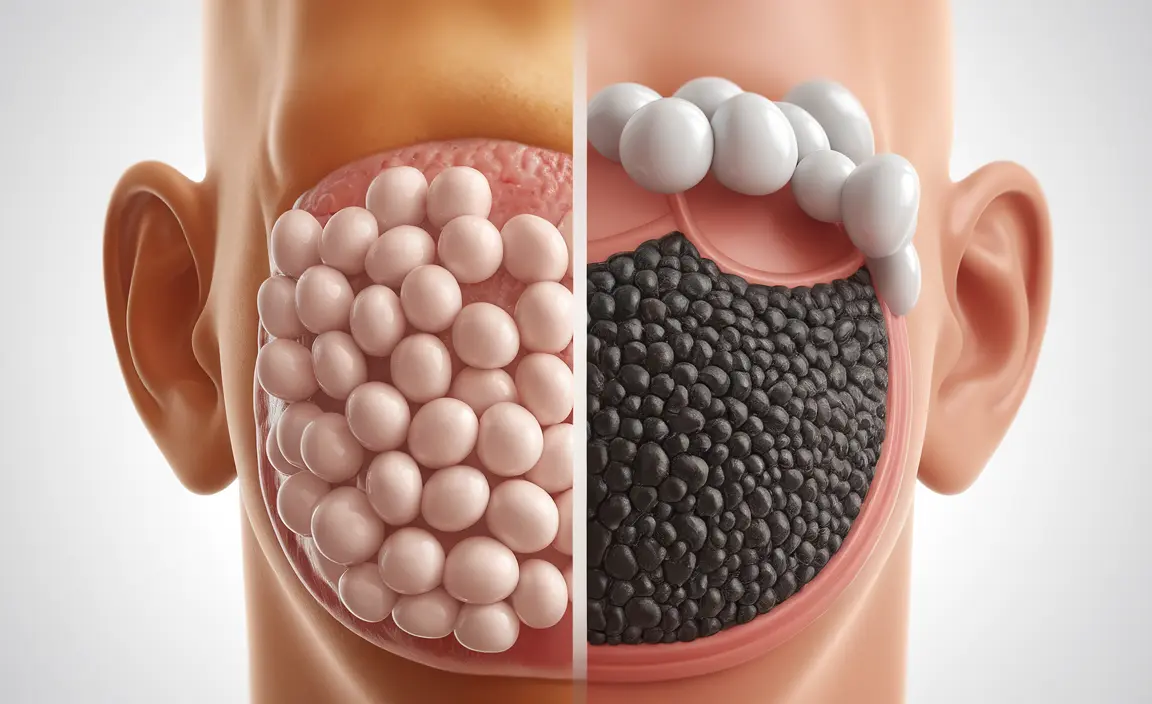 Detailed anatomical illustration, side-by-side comparison of whiteheads and blackheads on skin, neutral clinical background
