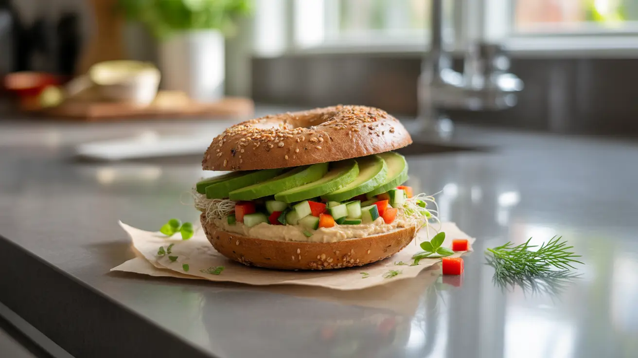 Close-up of a whole grain bagel topped with avocado, hummus, and fresh vegetables on a bright kitchen countertop