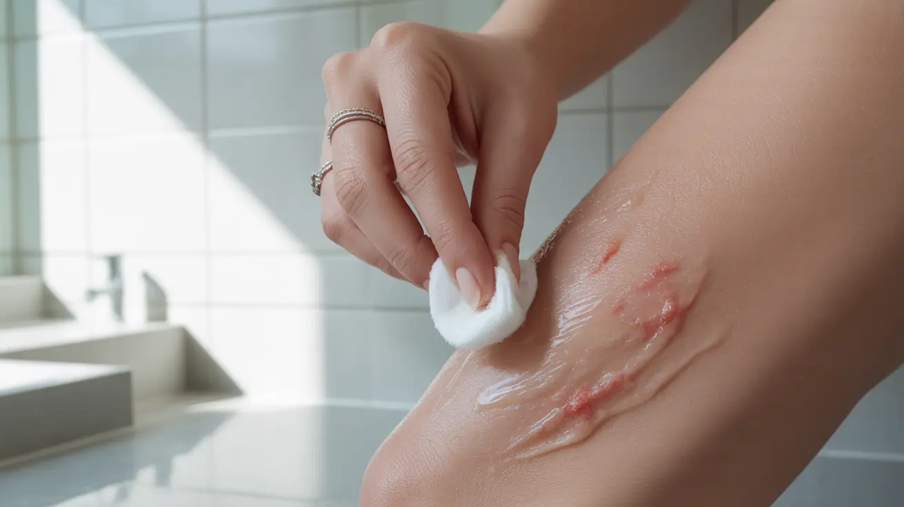 Close-up of a hand applying witch hazel extract from a cotton ball to inflamed eczema-affected skin in a bright bathroom