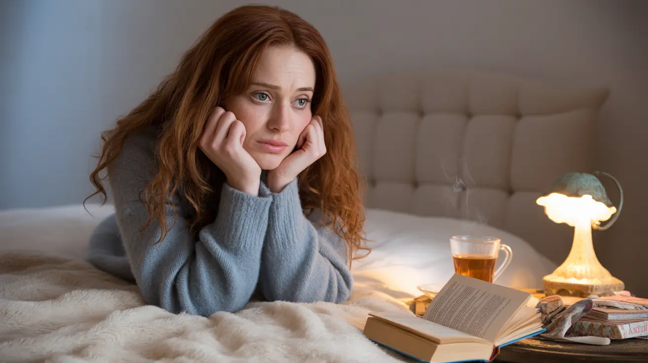 Detailed illustration of a woman sitting on her bed in a cozy bedroom, looking troubled and unable to sleep, with soft lighting and a cluttered bedside table.