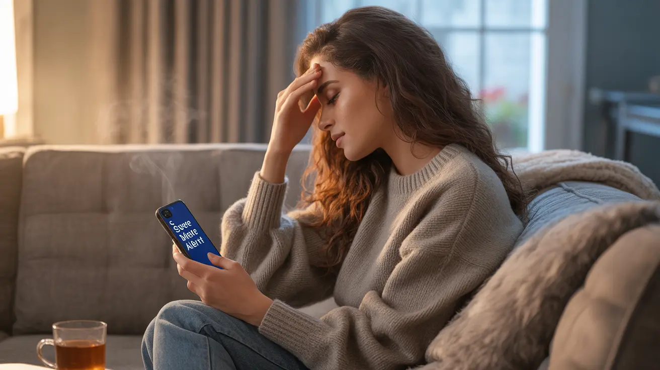 Young adult woman sitting in a cozy living room, holding her head in discomfort while checking a weather app on her smartphone