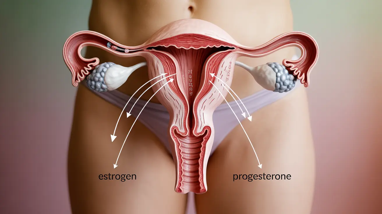 Detailed anatomical illustration showcasing a woman's pelvic region with labels indicating the uterus and arrows indicating implantation and hormonal changes.