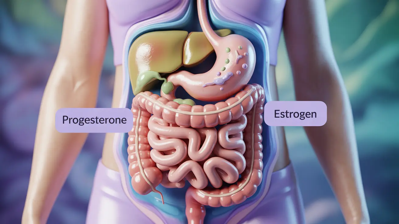 Detailed illustration showing a woman's digestive system with highlighted areas affected by hormonal changes, such as slow digestion and increased gas.