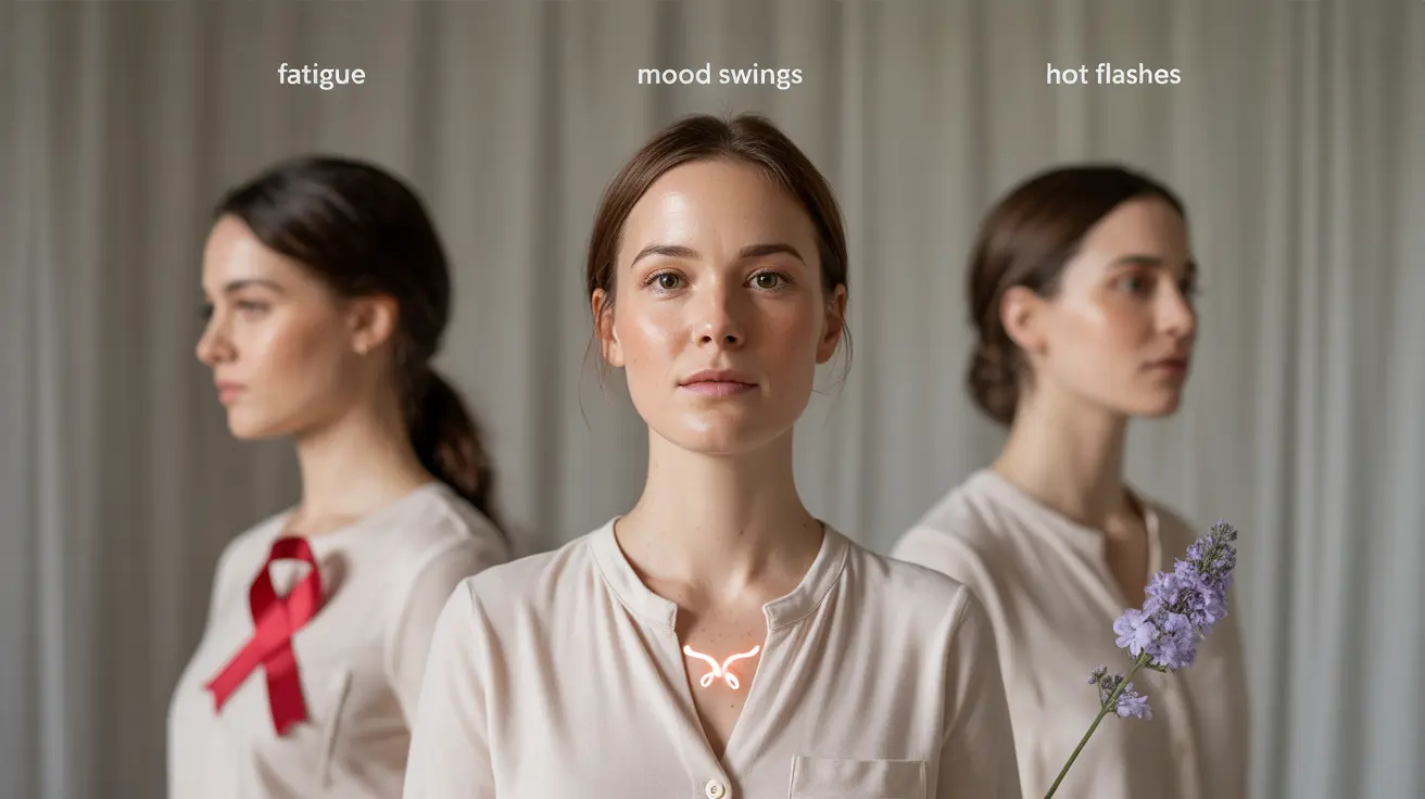 Detailed illustration showing a woman at different life stages with visual indicators of MS symptoms in a neutral clinical background.