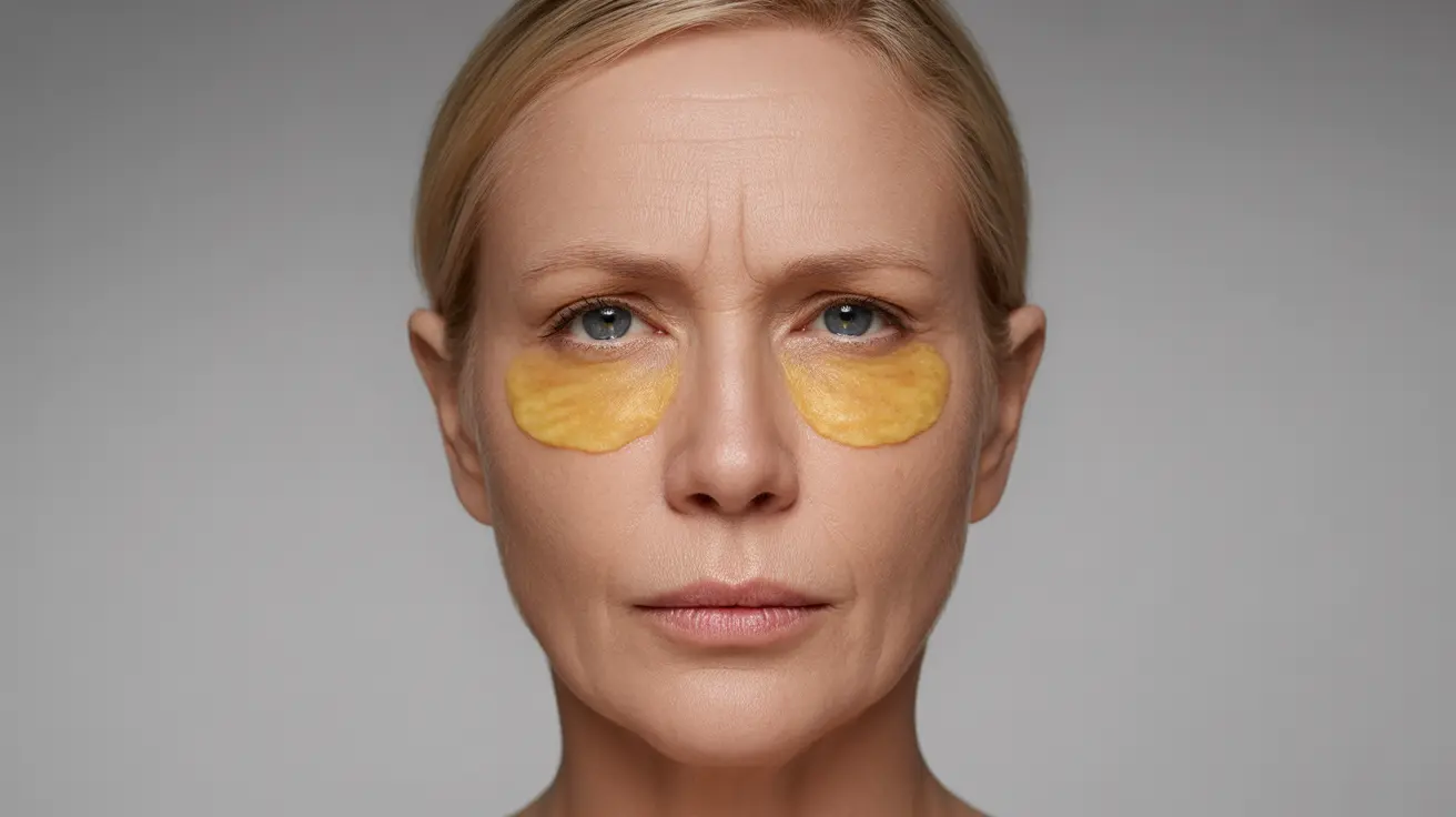 Detailed illustration, close-up of a face showing xanthelasma around the eyes, yellowish, slightly raised patches or bumps on the eyelids, bright lighting to highlight skin details, neutral studio backdrop, informative and clinical mood.