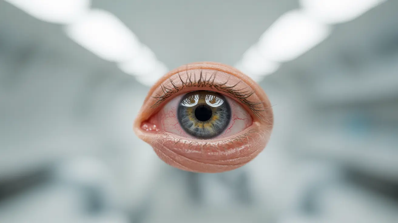 Close-up of human eye showing xerophthalmia symptoms including Bitot's spots and dryness against a clinical background