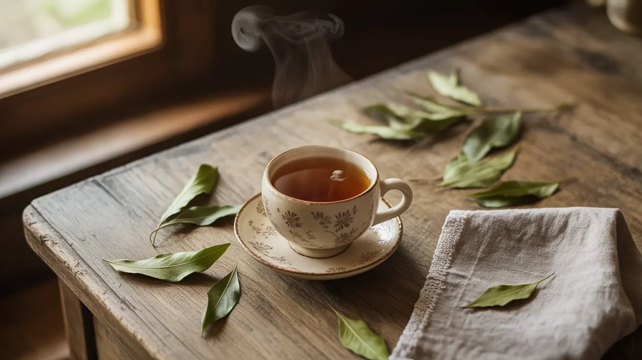 Steaming cup of yaupon tea on wooden table, surrounded by fresh yaupon leaves in a cozy, naturally lit kitchen