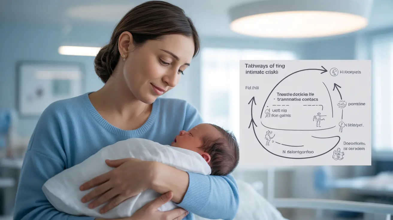 Detailed illustration of a mother holding her baby on one side, and a diagram illustrating transmission risks during intimate contact on the other, in a bright clinical setting.