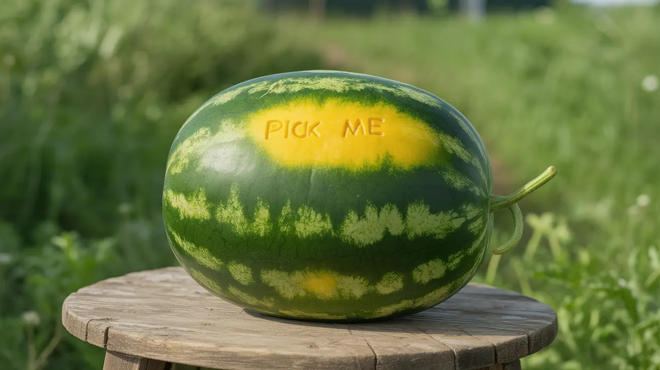 Detailed illustration of a watermelon showing a prominent yellow field spot, with lush greenery in the background highlighting ripeness characteristics.