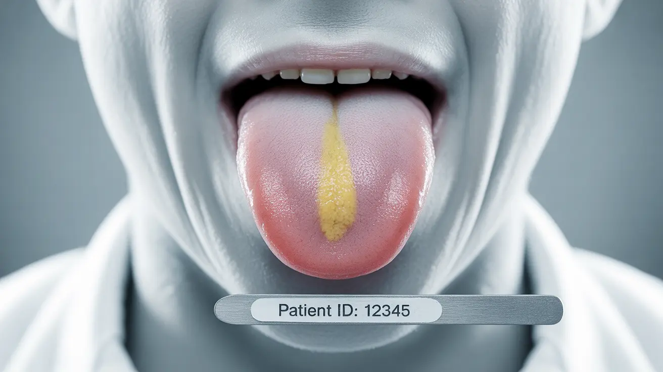 Detailed illustration of a human tongue exhibiting yellow discoloration, indicating medication side effects, in a clean clinical background.