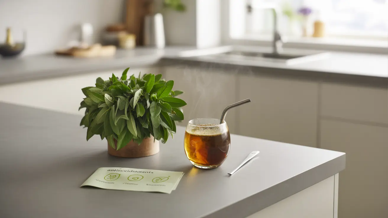 Detailed illustration of yerba mate leaves and a prepared beverage on a minimalist kitchen counter, showcasing key nutrients and health benefits with infographic elements.