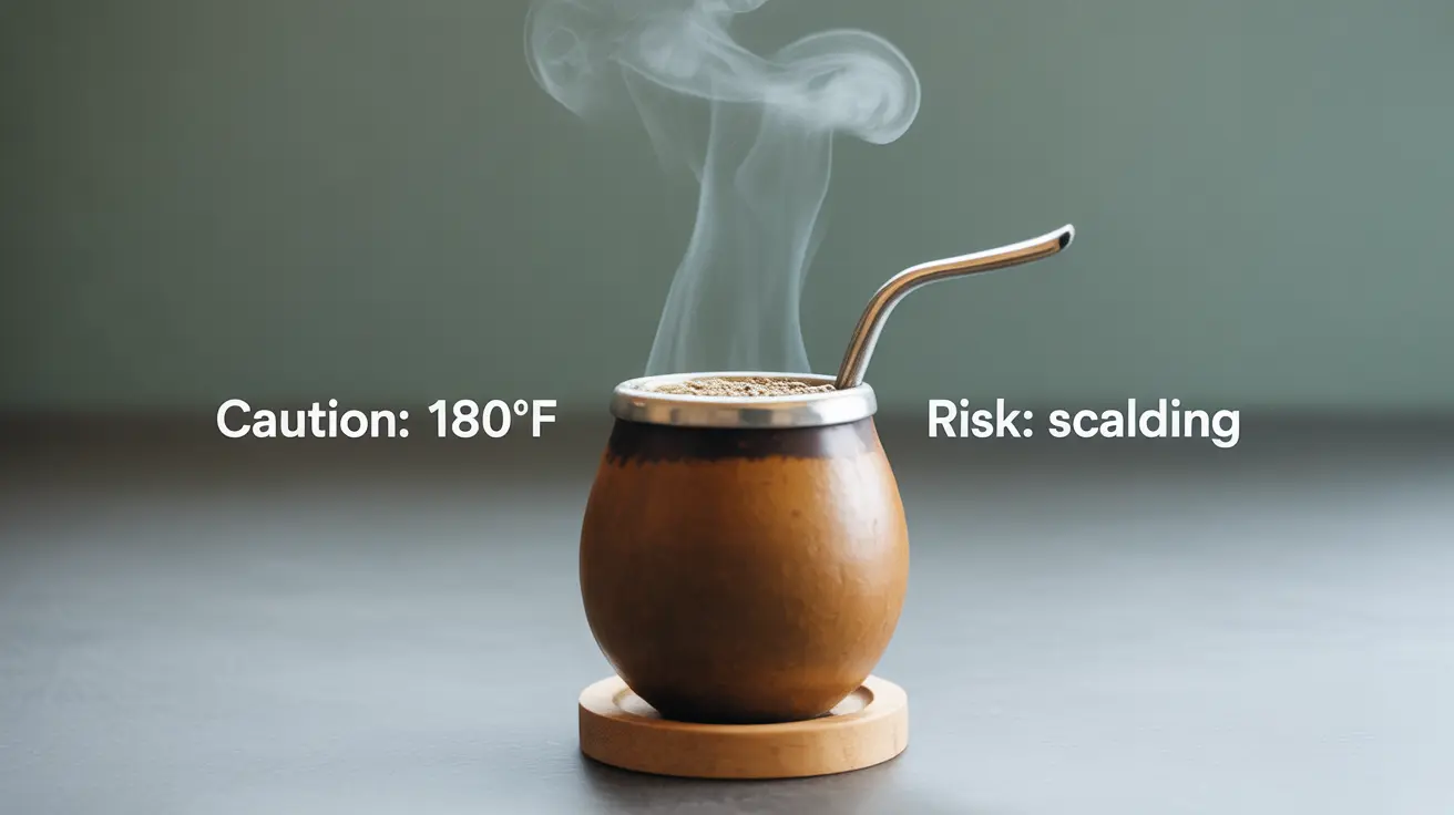 Illustration of steaming cup of yerba mate with temperature indicators and steam rising, highlighting hot consumption risk