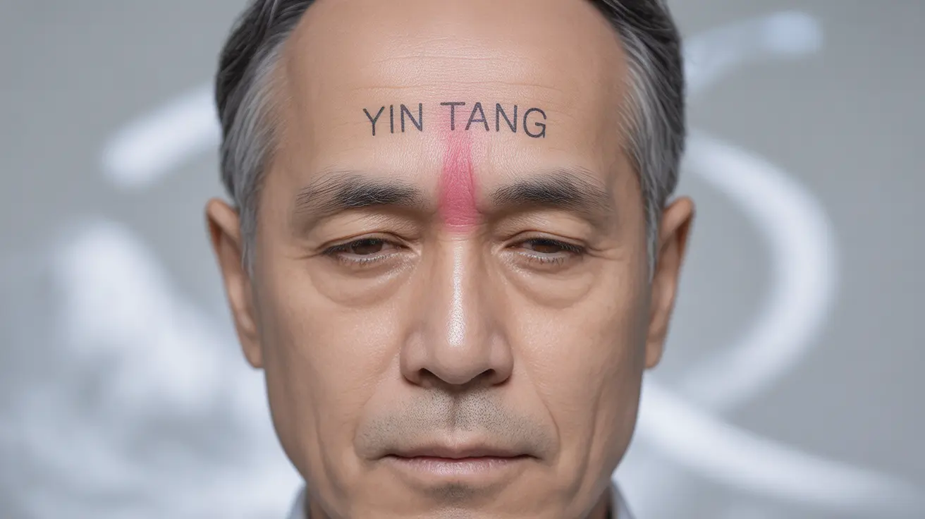 Close-up illustration of a human face highlighting the Yin Tang acupuncture point between the eyebrows, with clear labels and a soft, neutral background