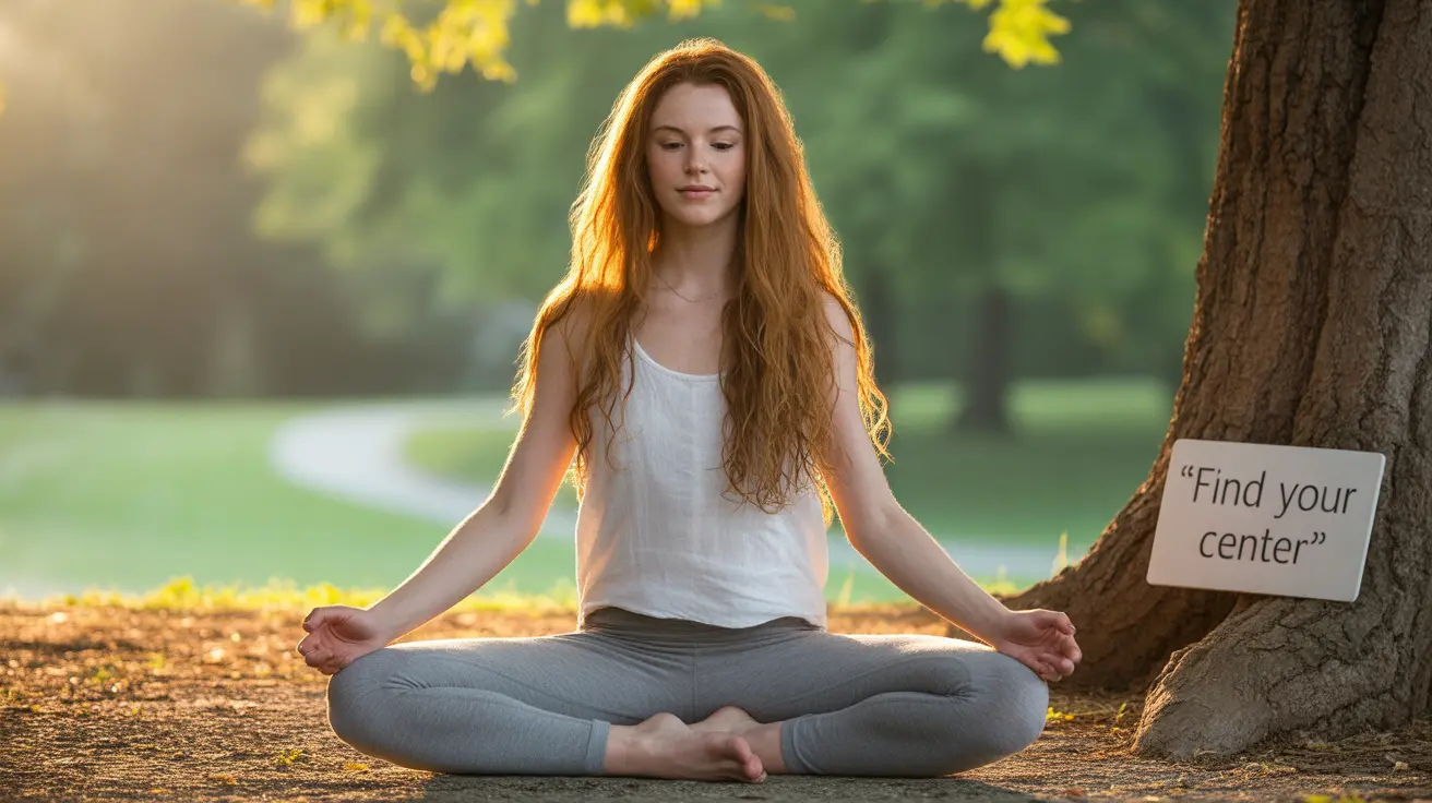 Person in a yoga pose focusing on controlled breathing in tranquil outdoor park surrounded by greenery