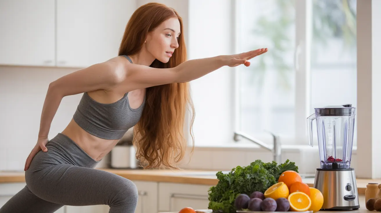 Detailed illustration of a person practicing yoga in a bright kitchen, preparing a healthy meal with fruits and vegetables, showcasing wellness and balance.
