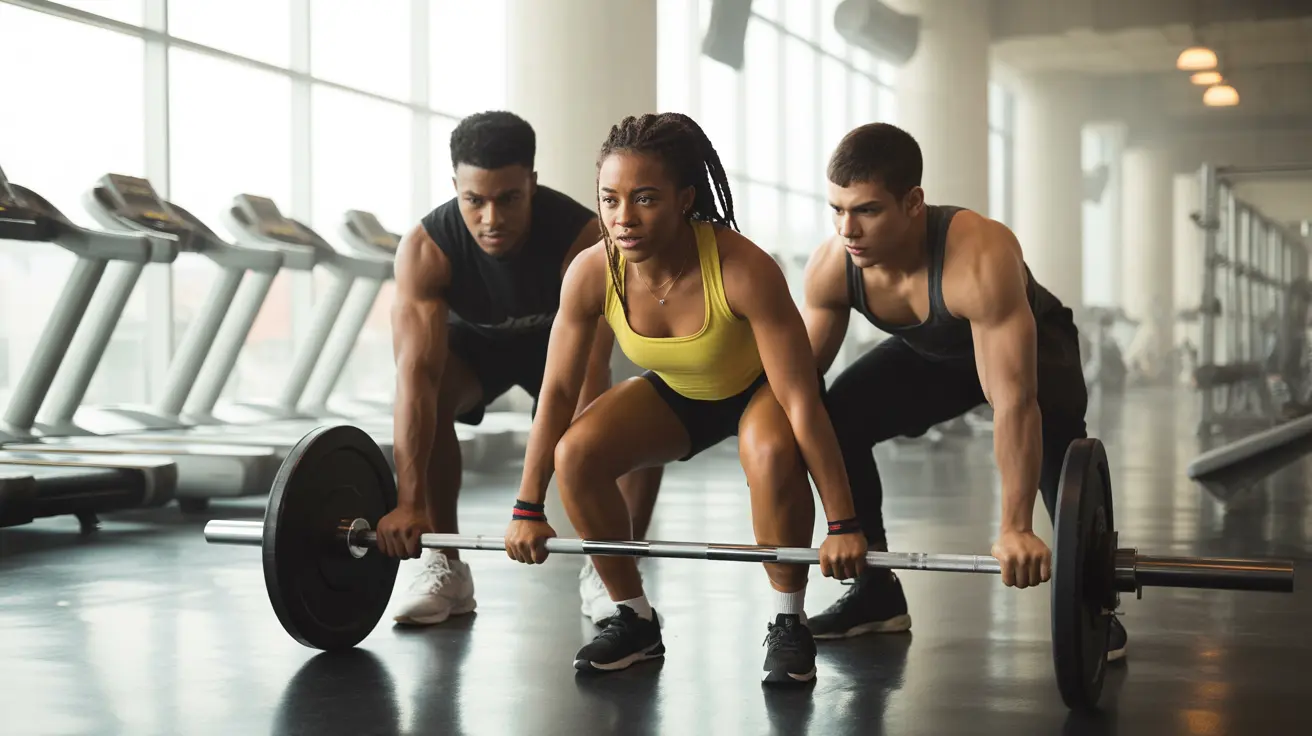 Diverse young adults engaging in strength training at a modern gym, with gym equipment in the background in a bright and energetic atmosphere.
