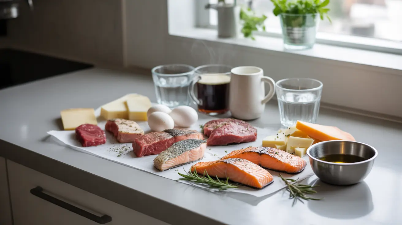 Overhead shot of zero-carb foods including meats, fish, eggs, cheese, and oils, with water and black coffee on kitchen counter